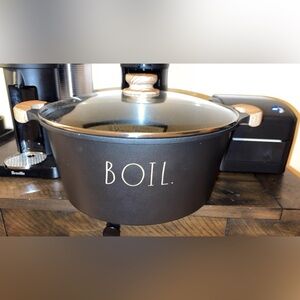 Rae Dunn Large Black Cooker with handles “BOIL” with Lid